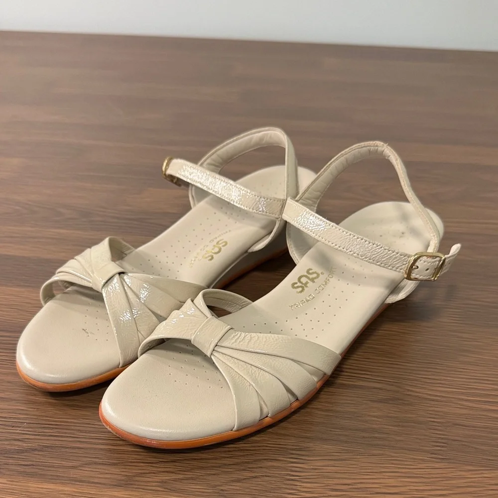 SAS Tripad‎ Comfort Women Bone Beige Leather Wedge Sandals Size 8 S Strappy Knot